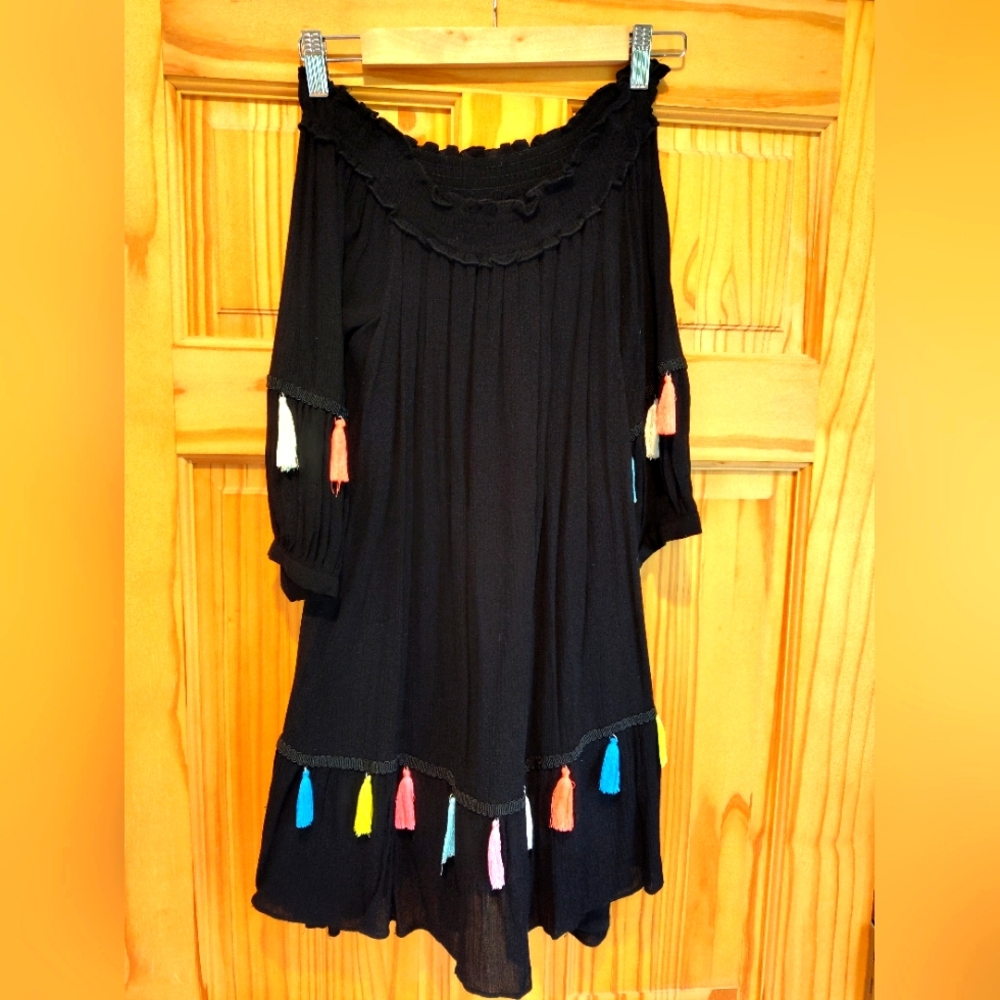Neon Tassel Black Rayon Boho Coverup Beach Swim Resort Off Shoulder